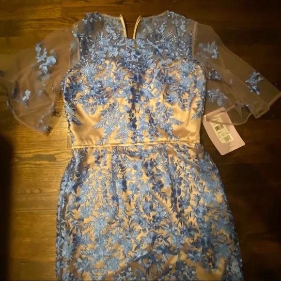 NWT Formal Floral Embroidered Long Mermaid Evening Gown w French Blue Lace - Picture 4 of 9